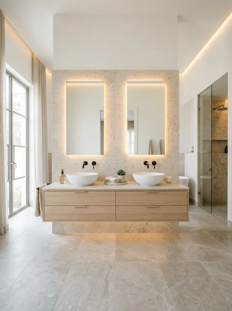 Modern double sink bathroom with a pale wood floating vanity, vessel sinks, backlit mirrors, and warm under-vanity lighting.
