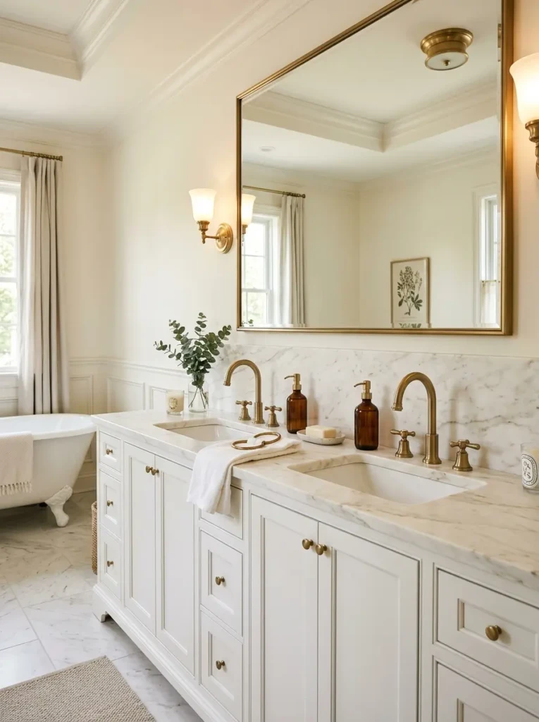 Elegant double sink bathroom with a creamy marble countertop, white cabinetry, brass faucets, and soft wall sconces.