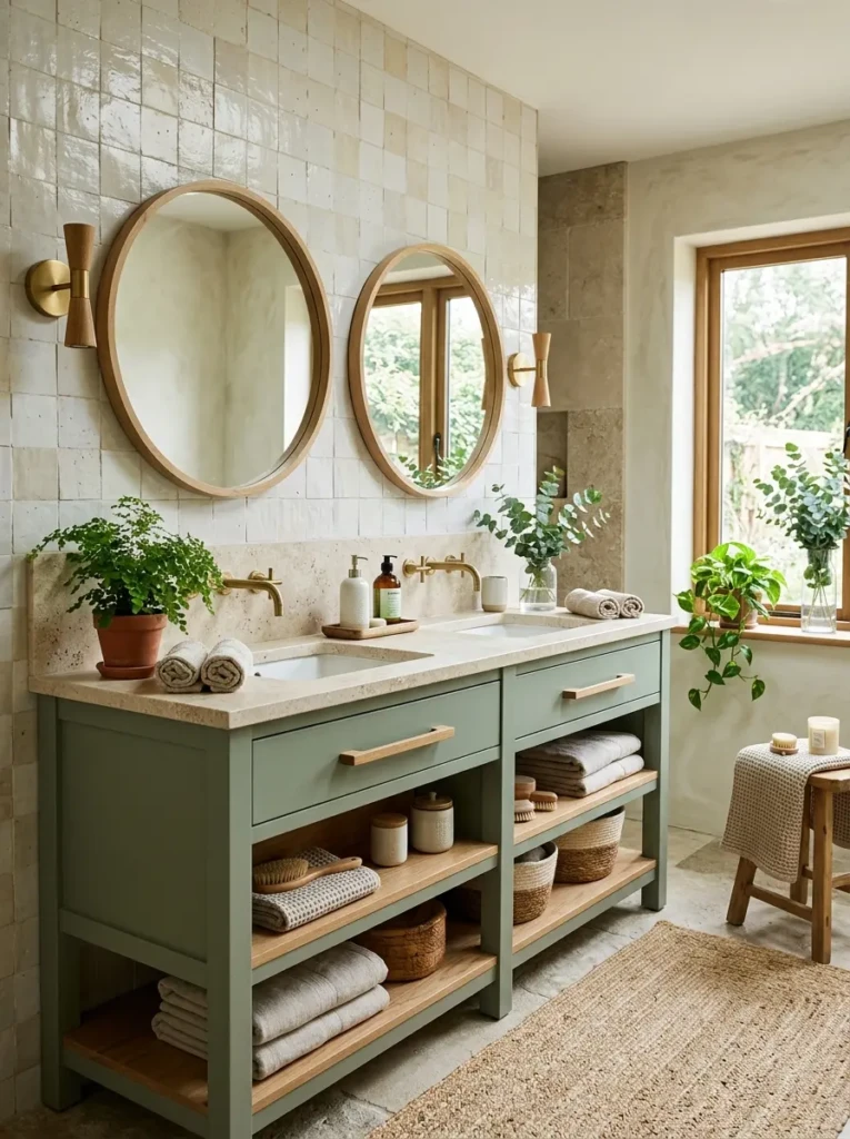 Serene double sink bathroom with sage green vanity, natural stone countertop, wood accents, clay tile, linen towels, and leafy plants.