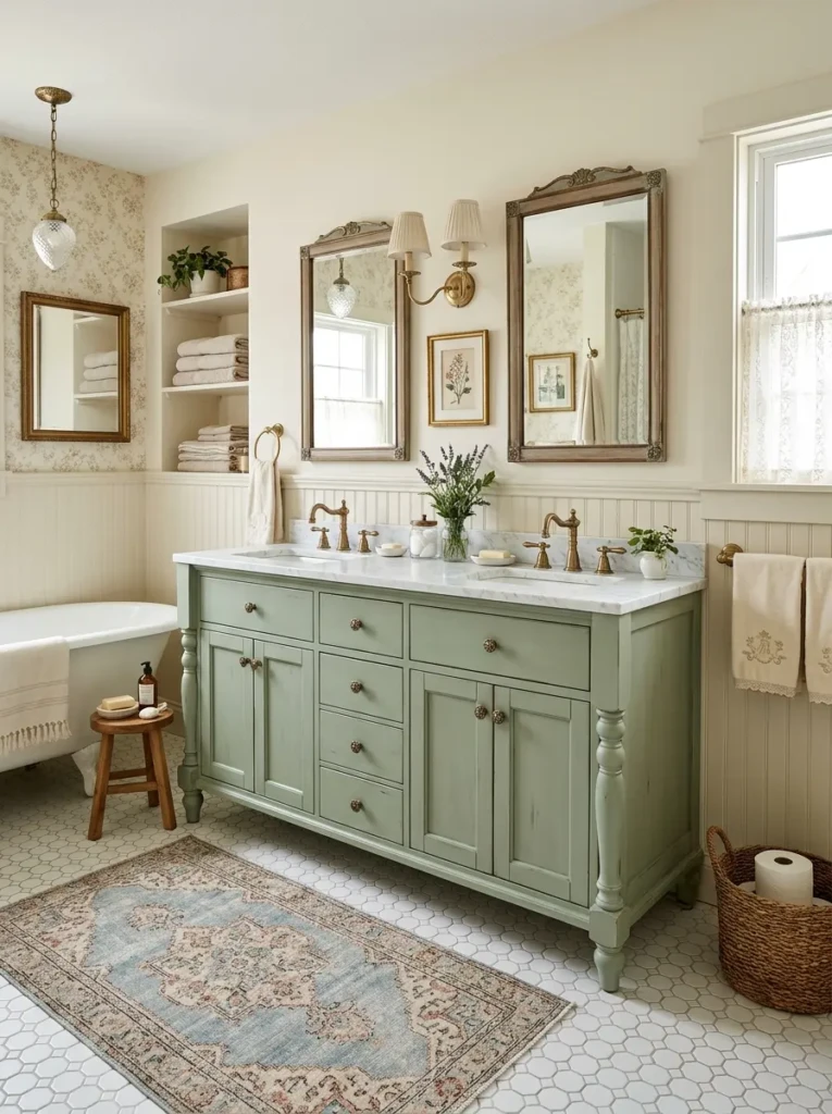 Charming double sink bathroom with a sage green furniture-style vanity, antique brass hardware, framed mirrors, and a vintage rug.