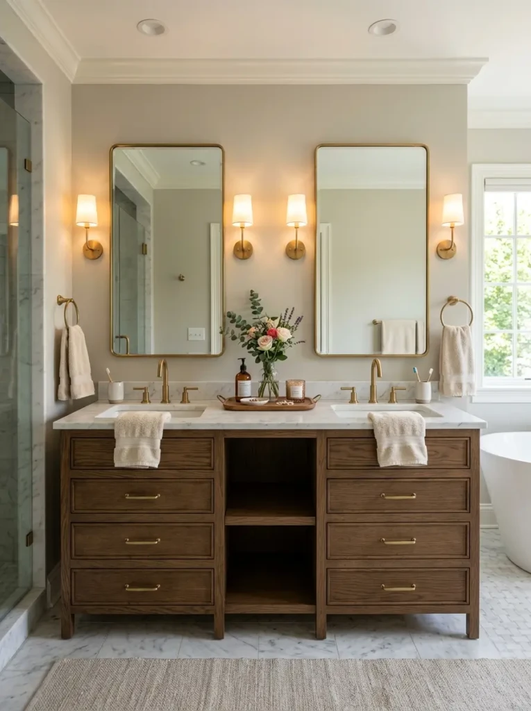 Elegant double sink bathroom with matching mirrors, separate drawer stacks, shared center tray, soft towels, and balanced lighting.