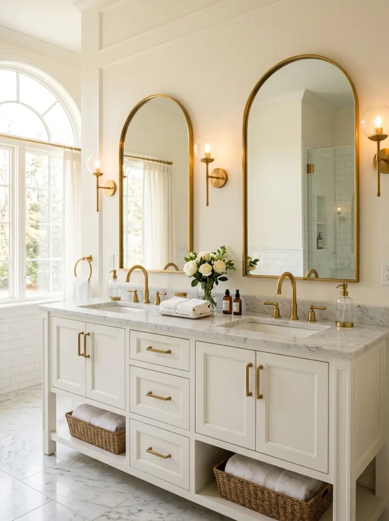 Double sink bathroom with two arched brass mirrors, matching sinks, white vanity, warm sconces, and soft natural light.