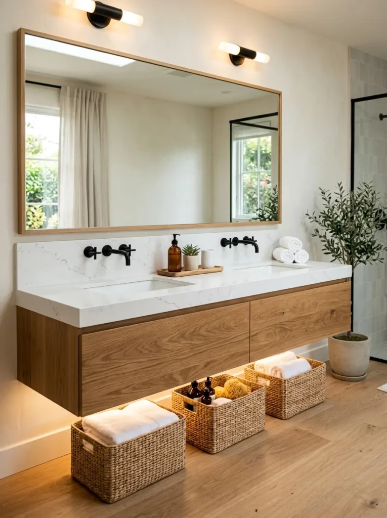 Double sink bathroom with a natural oak floating vanity, white countertop, matte black faucets, and woven storage baskets.