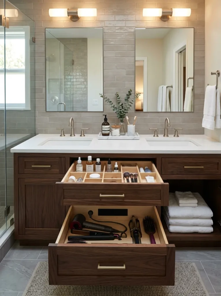 Organized double sink bathroom vanity with deep drawers, hidden outlets, recessed medicine cabinets, and a tidy countertop tray.