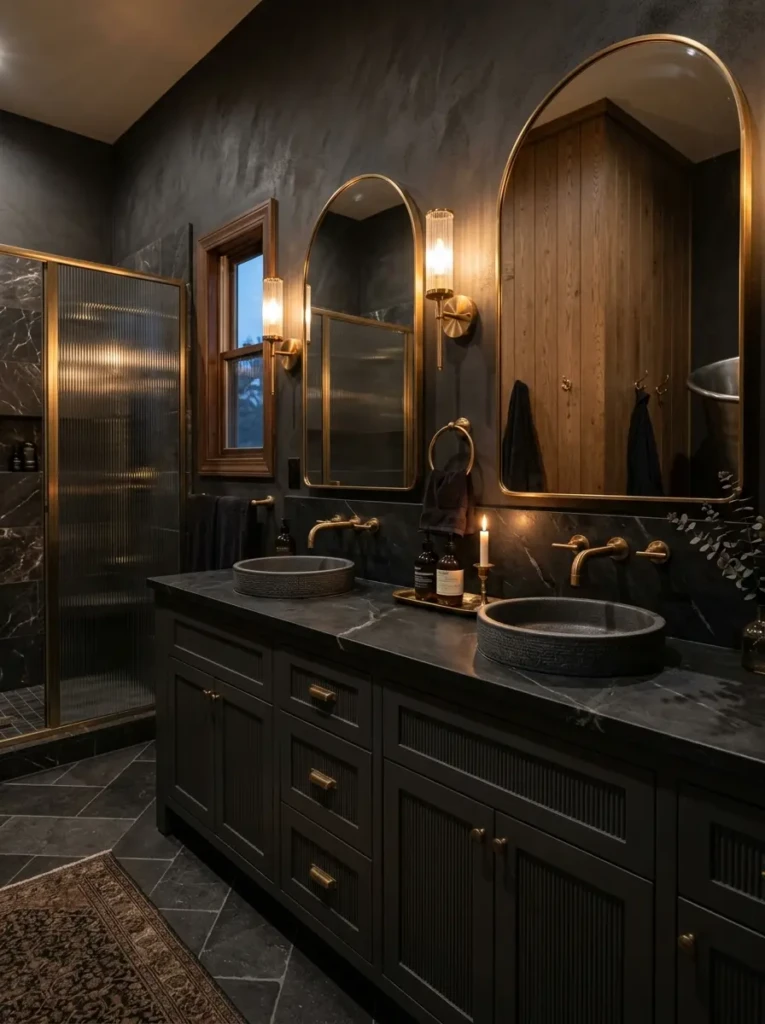 Dark charcoal double vanity bathroom featuring brass fixtures, rich stone surfaces, and warm ambient lighting.