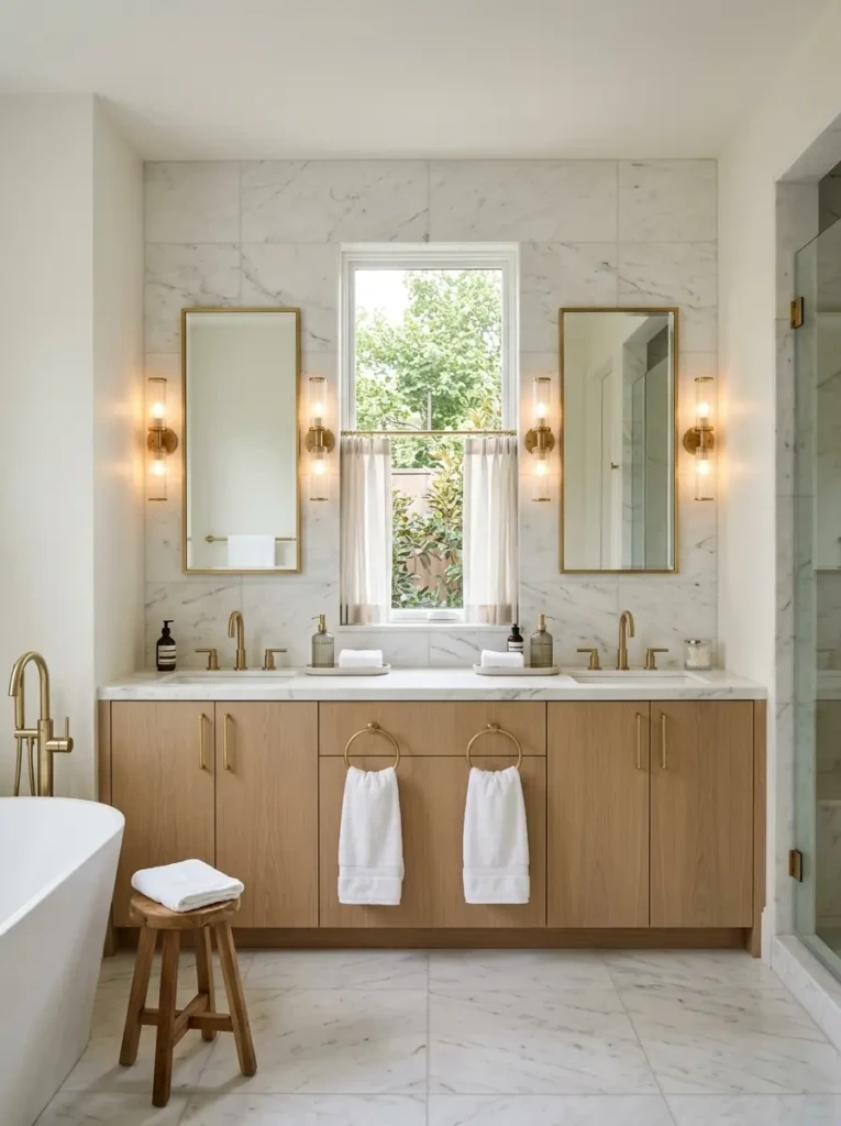 Symmetrical double vanity bathroom with matching mirrors, twin sinks, and balanced elegant design.