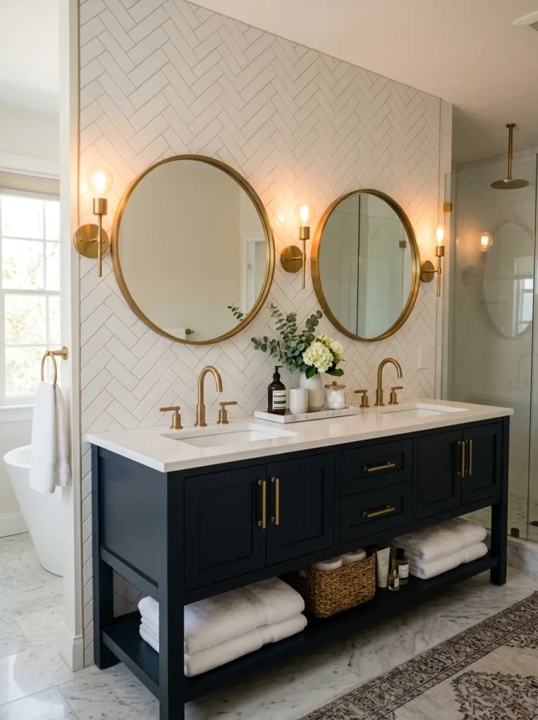 Stylish double vanity bathroom showcasing brushed brass faucets, mirror frames, and sophisticated luxury finishes.