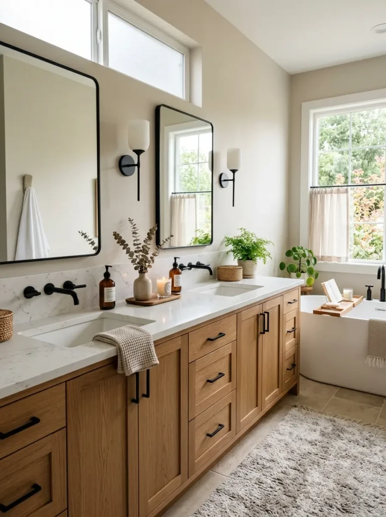 White quartz double vanity with warm oak cabinets, black hardware, and soft natural light creating a cozy bathroom retreat.