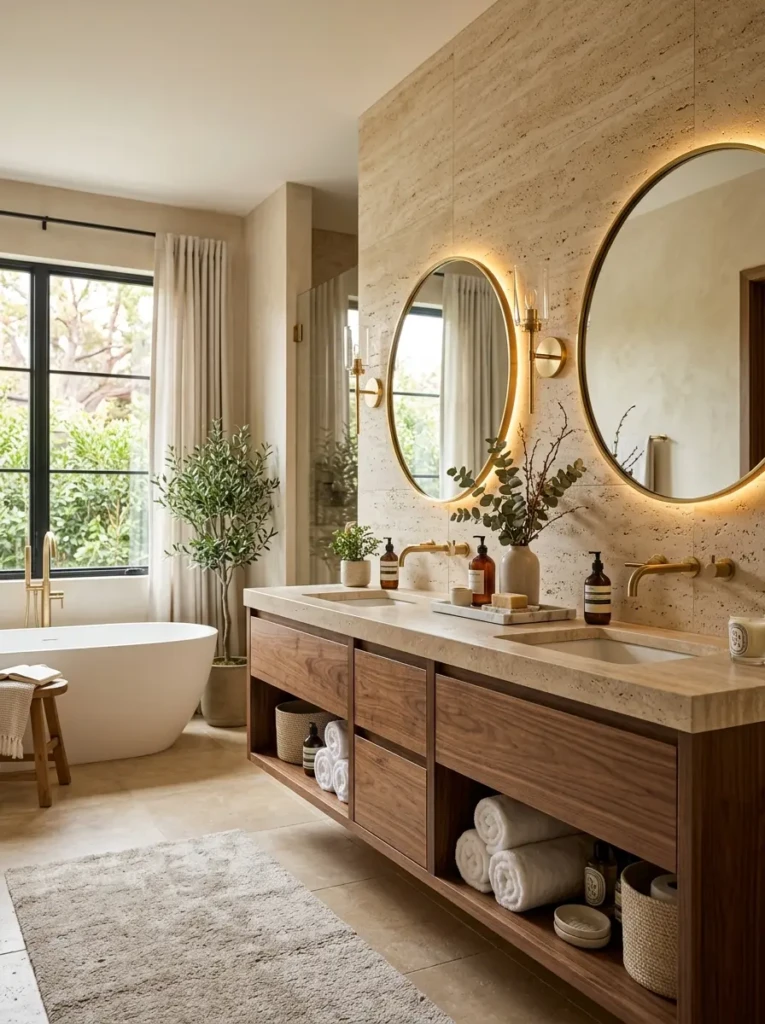 Beautiful double vanity bathroom combining natural wood, elegant stone surfaces, stylish lighting, and inviting spa-like design.