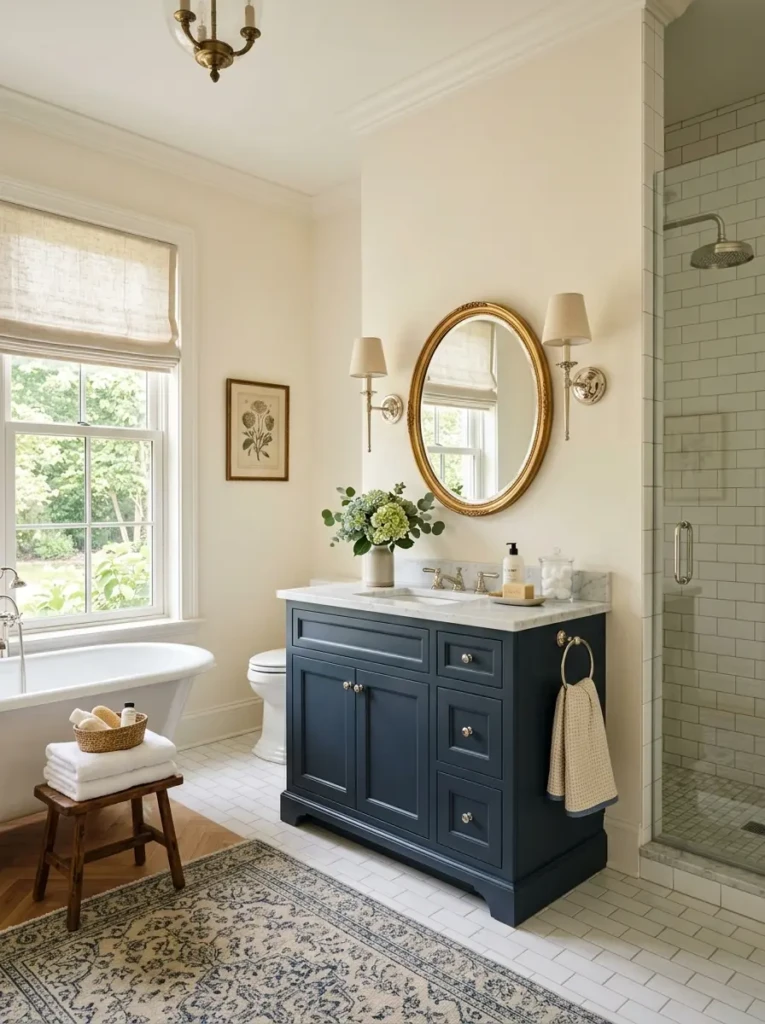 Finished guest bathroom featuring timeless design, warm lighting, and welcoming details.