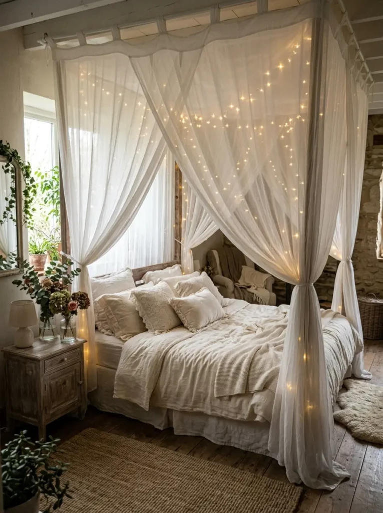 Dreamy bed with sheer white canopy curtains, cream bedding, delicate pillows, fairy lights, and romantic airy atmosphere.