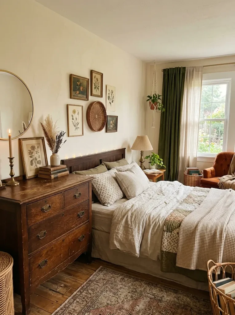 Bedroom with thrifted wood furniture and elegant modern cozy styling