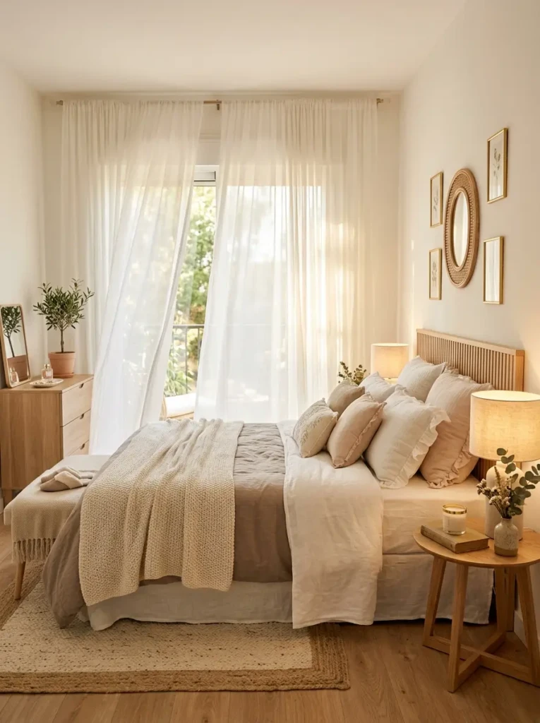 Small airy bedroom with long sheer curtains and elegant feminine decor