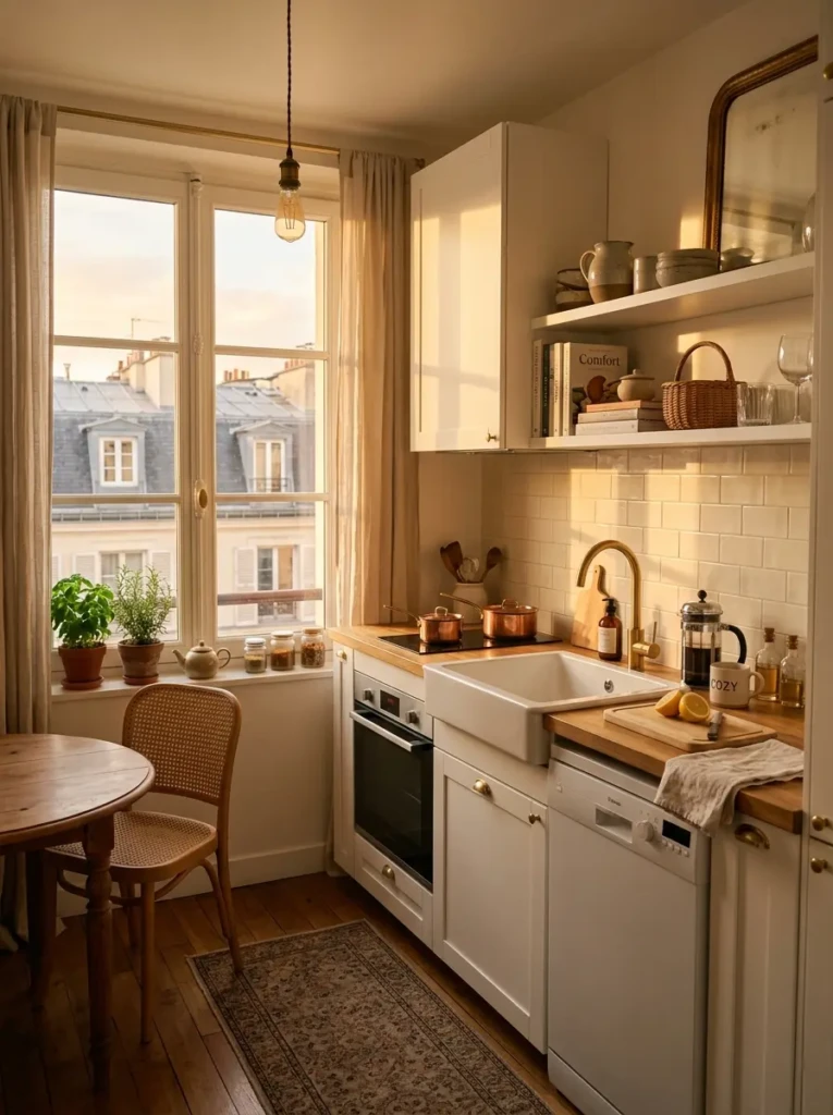 Compact kitchen at golden hour with sunlight through the window and warm inviting decor.