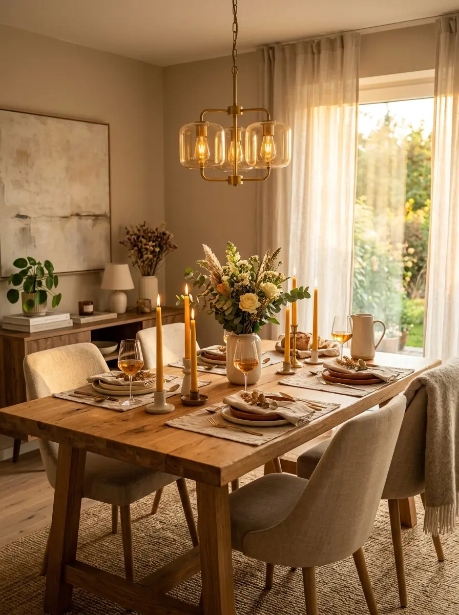 Warm dining room with elegant dining room table light, candles, soft neutral decor, and inviting evening atmosphere