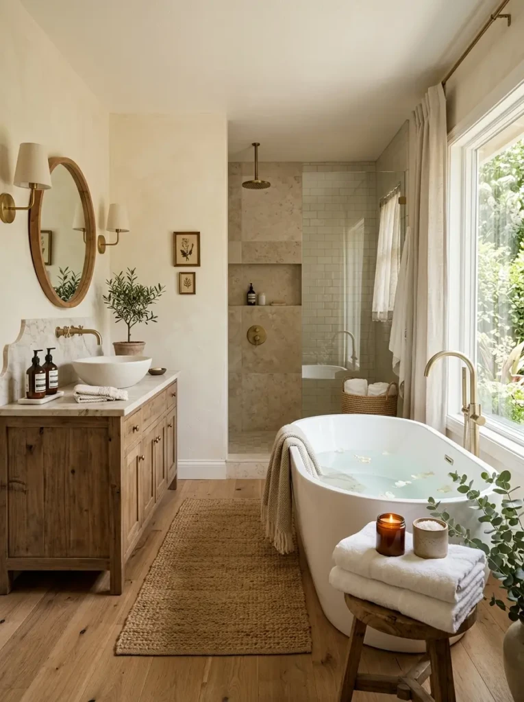 Elegant spa-inspired bathroom with calming decor, natural textures, and warm lighting