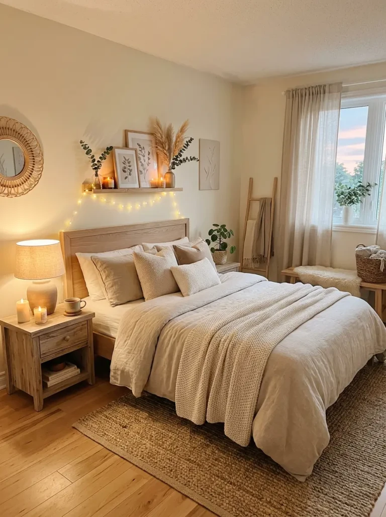 Cozy small bedroom with warm lighting, fluffy bedding, and soft feminine decor in neutral tones