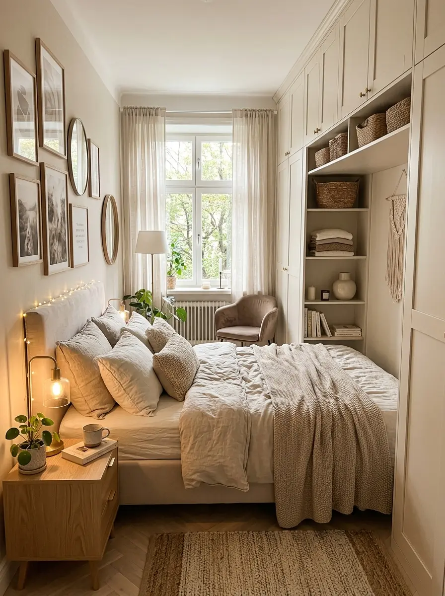Cozy small bedroom with fluffy bedding, warm lighting, elegant wardrobe storage, and airy modern decor.
