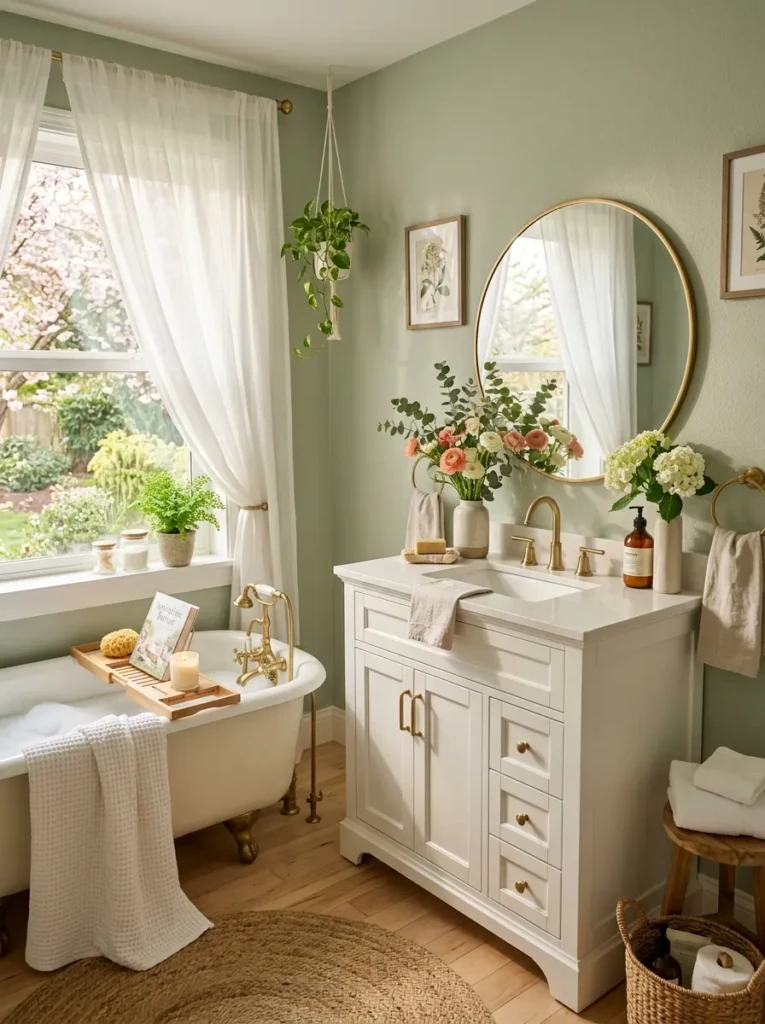 ozy spring bathroom with sage green walls, warm sunlight, and elegant spa-inspired decor.