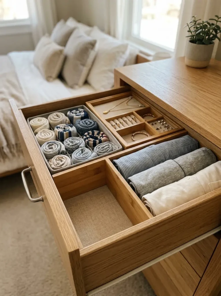 Open dresser drawer with bamboo dividers, folded clothes, socks, and jewelry storage.