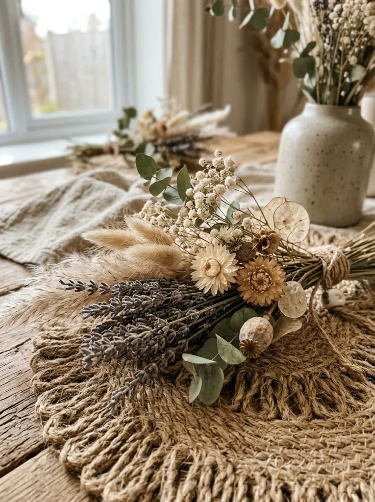 Close-up of dried flowers and woven materials in soft neutral palette