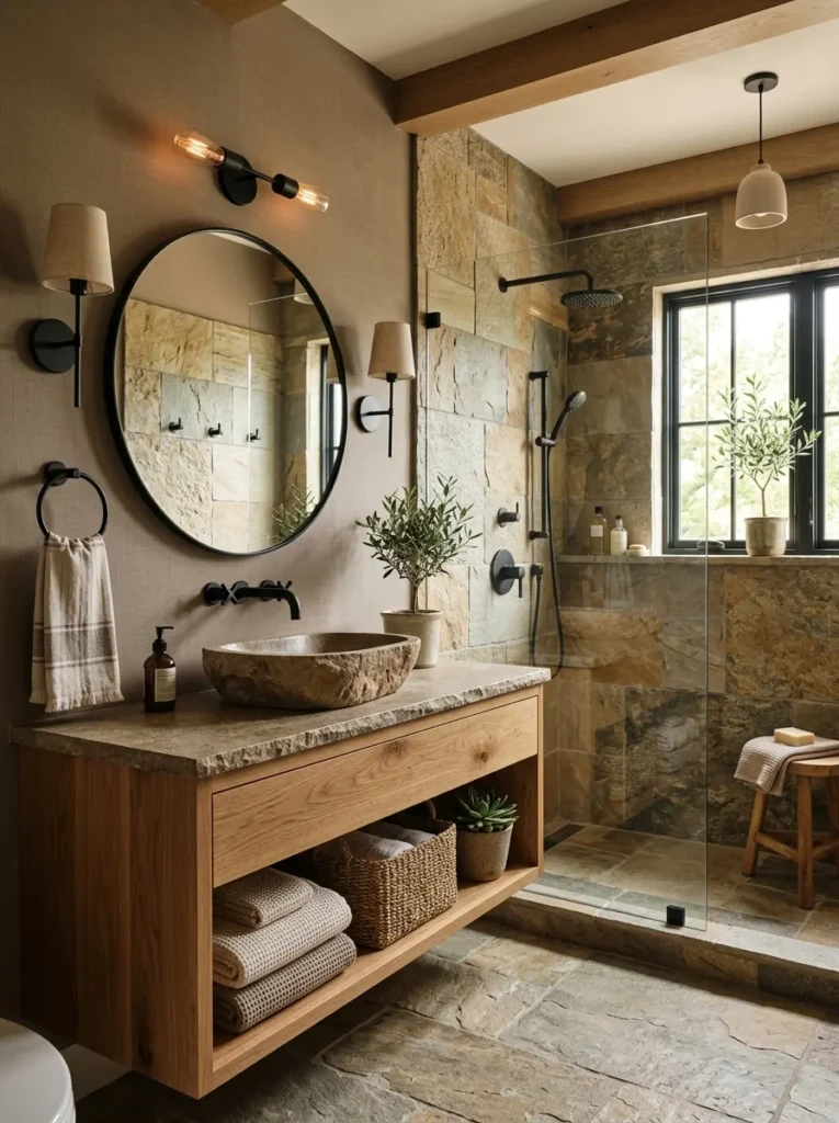 Bathroom with taupe tones, black fixtures, and warm natural textures.