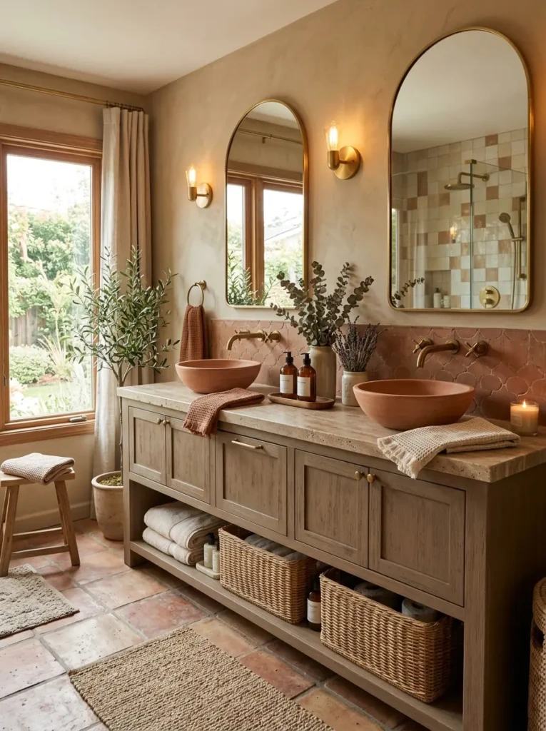 Double vanity bathroom with taupe cabinetry, natural stone countertops, terracotta accents, and cozy earthy decor.