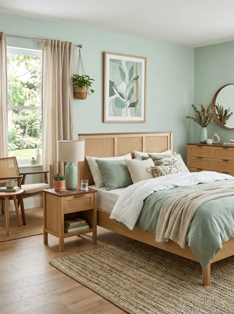 Mint green bedroom styled with walnut wood and woven rattan textures