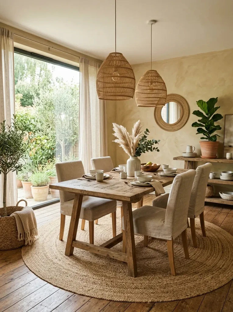 Earthy dining room featuring a natural jute rug, wooden furniture, and warm organic textures.