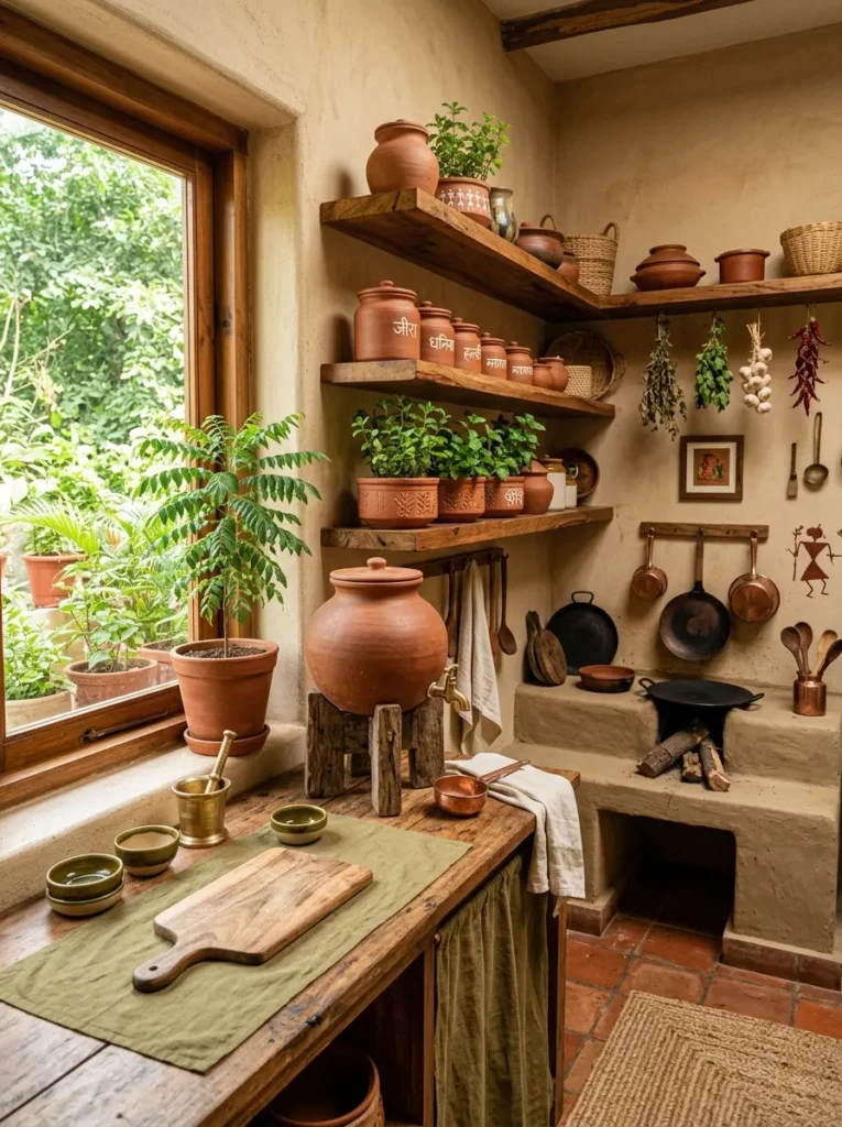 Indian kitchen with terracotta planters, clay jars, beige walls, olive green accents, and warm wooden shelves.