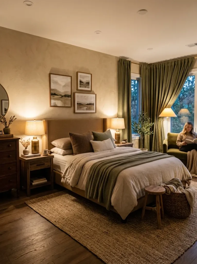 An elegant earthy-toned bedroom with olive curtains and cozy neutral decor.