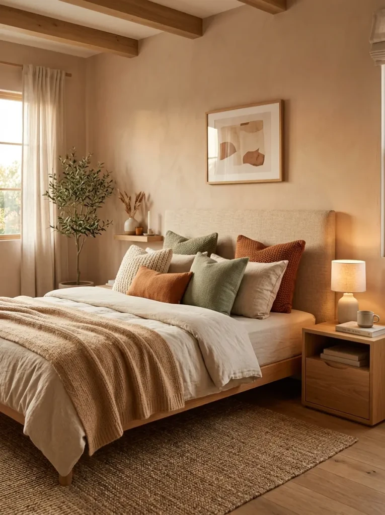 Minimalist bedroom with textured pillows, hidden storage, earthy tones, and calming atmosphere.