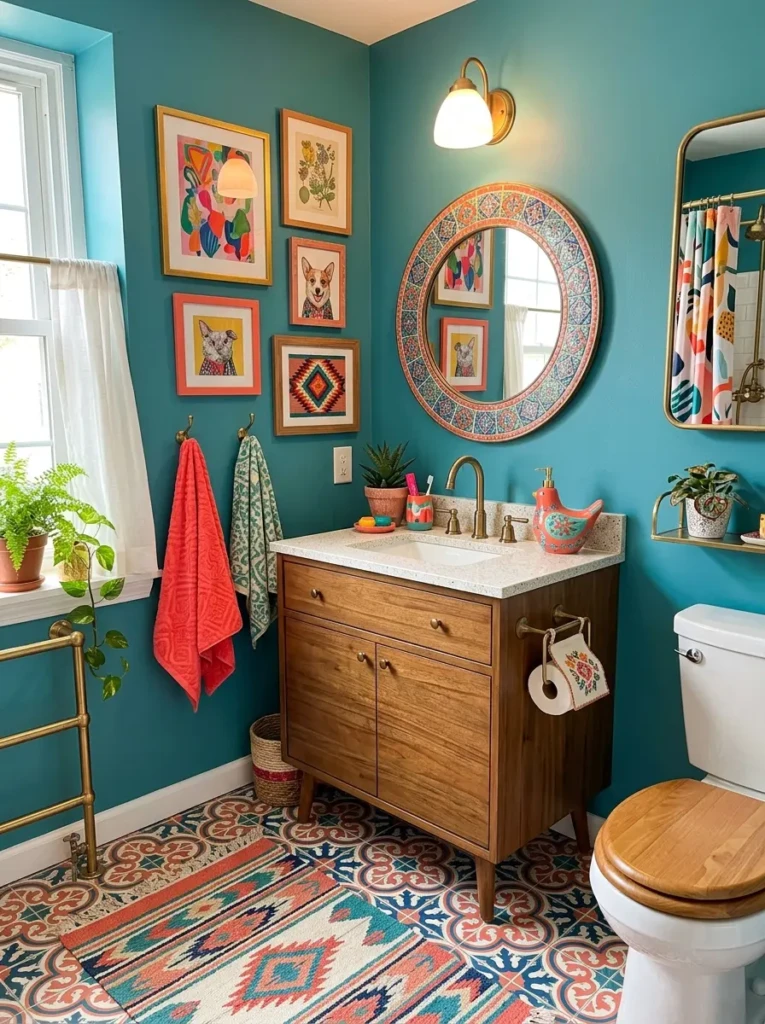 Playful eclectic bathroom with coral and teal colors, patterned tiles, colorful art, quirky mirror, bright towels, and mixed metals.