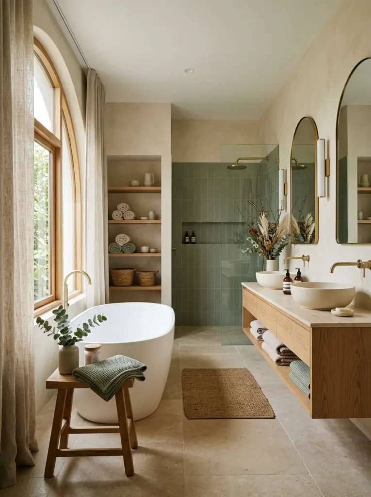 Peaceful bathroom with matte ceramics, linen textures, and natural wood decor