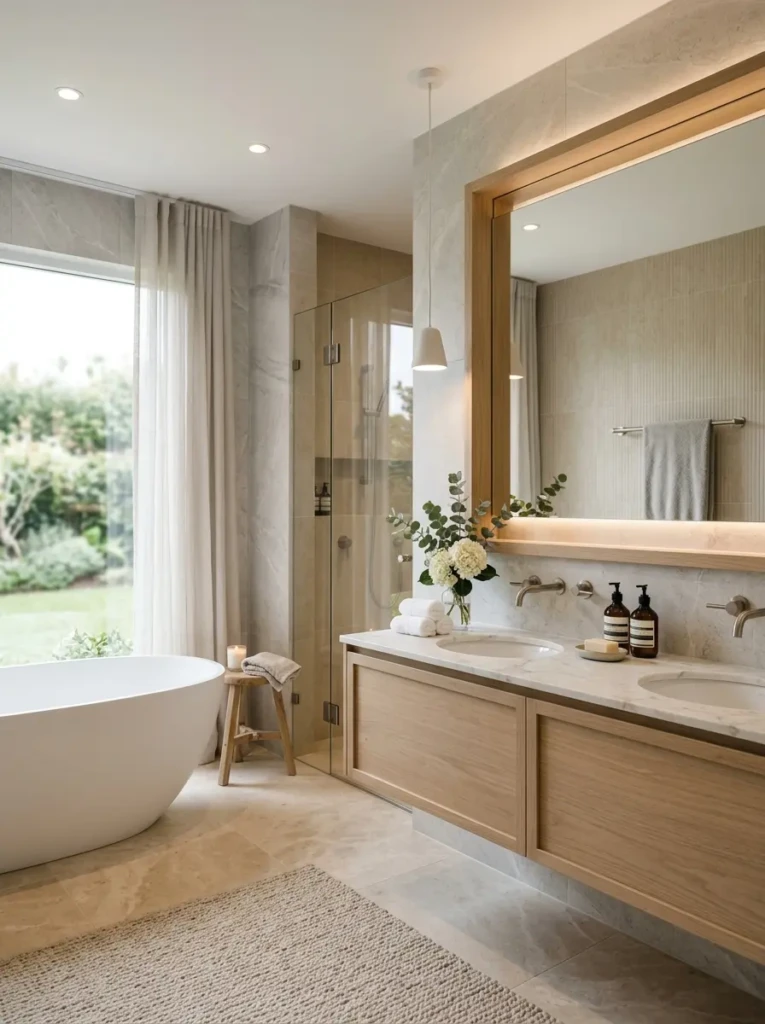 A calming bathroom design featuring soft beige, white, and gray tones with a timeless and elegant feel.