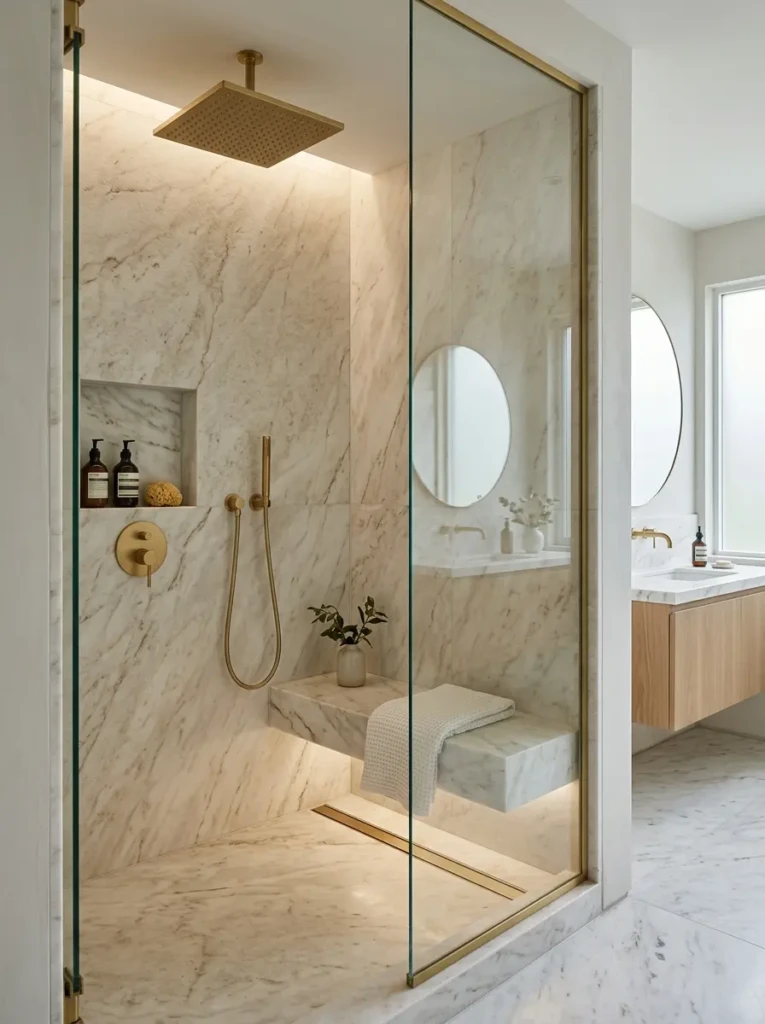 Luxury shower with floor-to-ceiling tile, bench seating, and brass fixtures.
