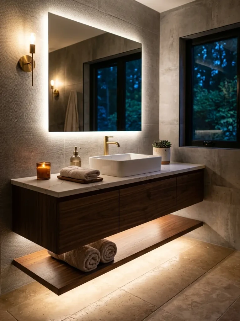 Modern floating vanity with warm LED under-lighting and sleek spa-inspired design.