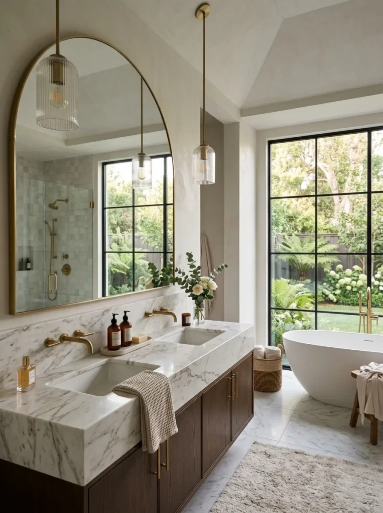 Elegant bathroom with arched mirror, pendant lights, and airy luxury design