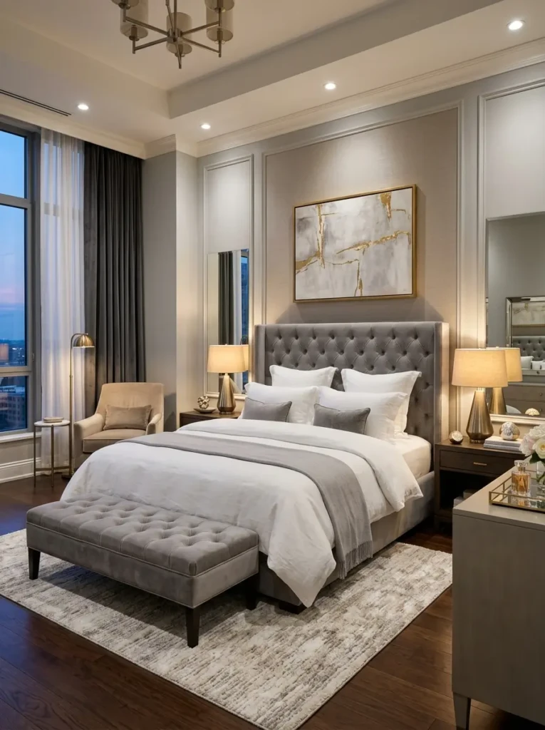 Stylish bedroom with a grey upholstered headboard white bedding and soft lighting creating a refined elegant look