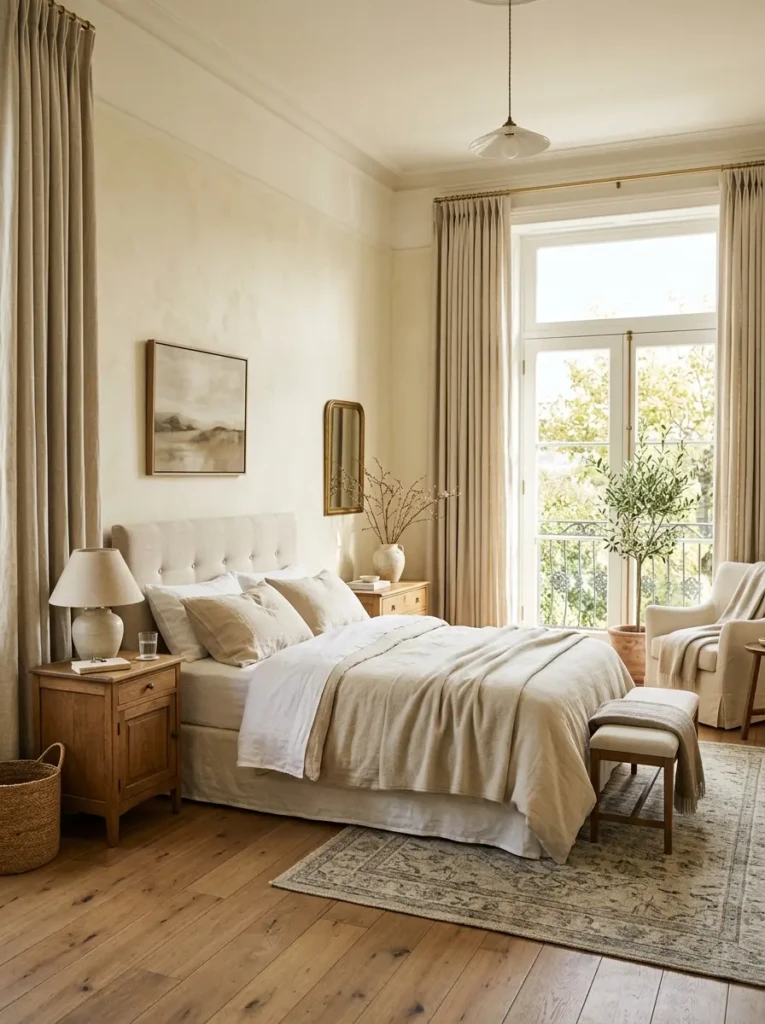 Elegant bedroom with high-hung linen curtains and soft natural sunlight