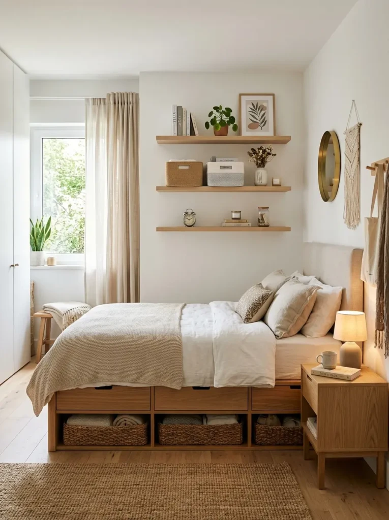 Elegant bedroom with under-bed storage, floating shelves, and practical cozy organization.