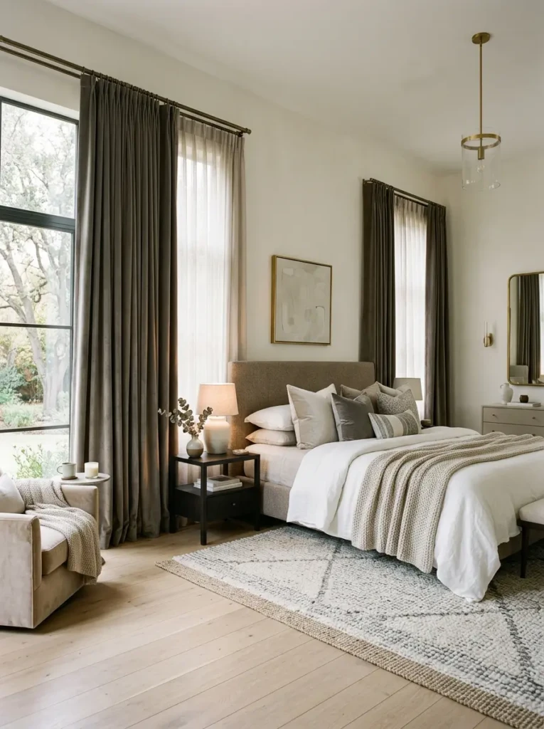Stylish bedroom with tall velvet drapes and cozy upscale interior decor