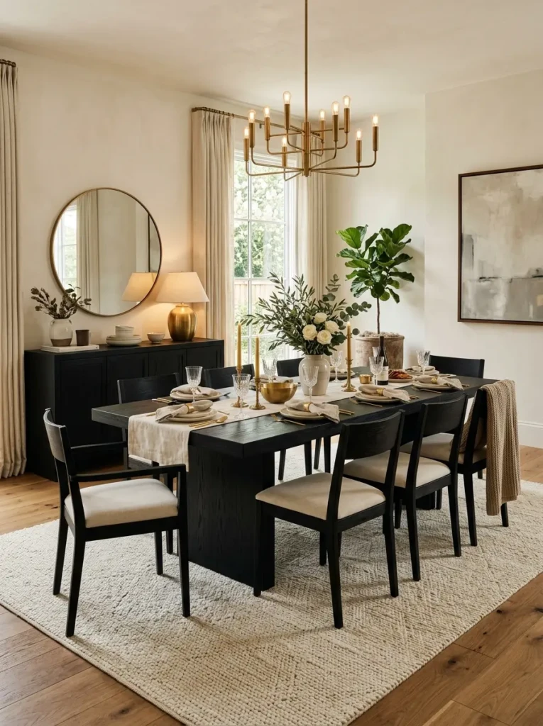 Stylish black dining furniture balanced with cream rugs, brass accents, and warm wood tones.