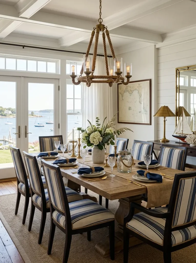 Sophisticated dining room featuring rope accents, striped textiles, and subtle nautical-inspired decor.