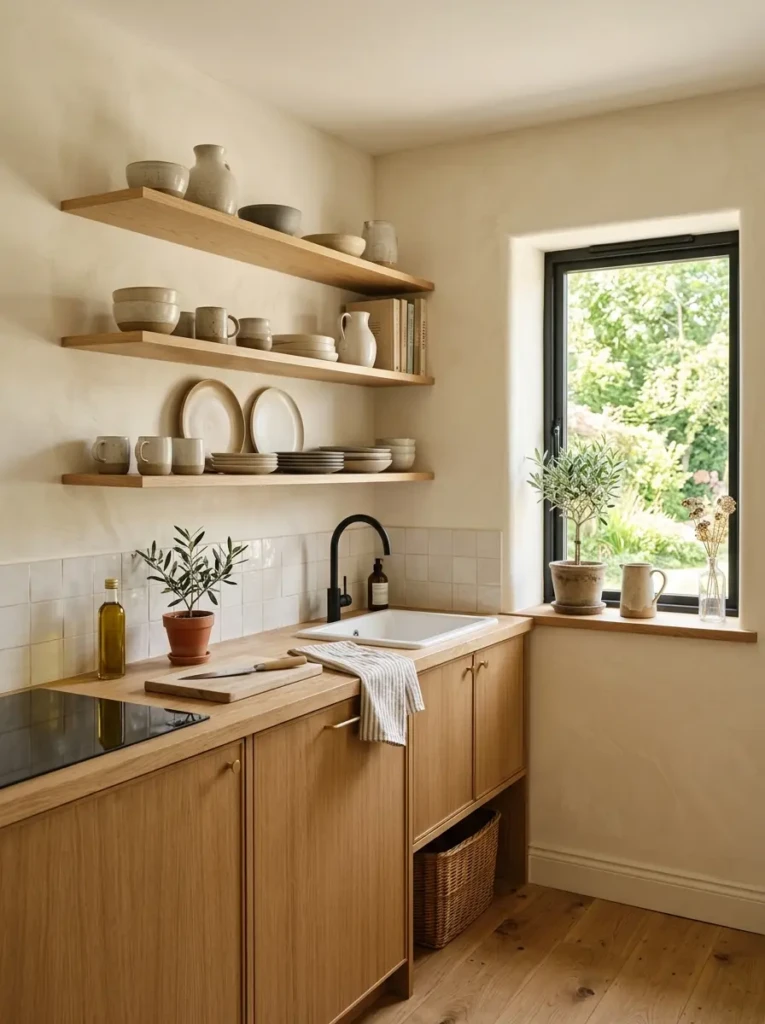 Cozy kitchen with creamy walls, neutral ceramics, and airy floating shelf styling beside a bright window.