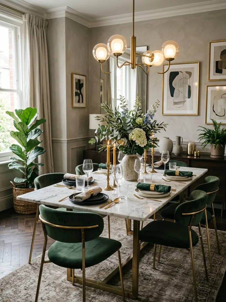 Dining room with marble, brass, ceramics, and greenery creating a layered cozy atmosphere