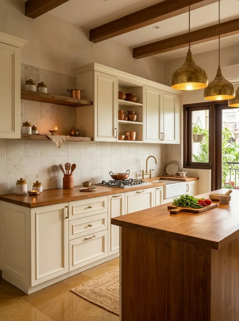 Indian kitchen with brass cabinet handles, brass pendant lights, ivory cabinets, wood counters, and a small brass diya on a shelf.