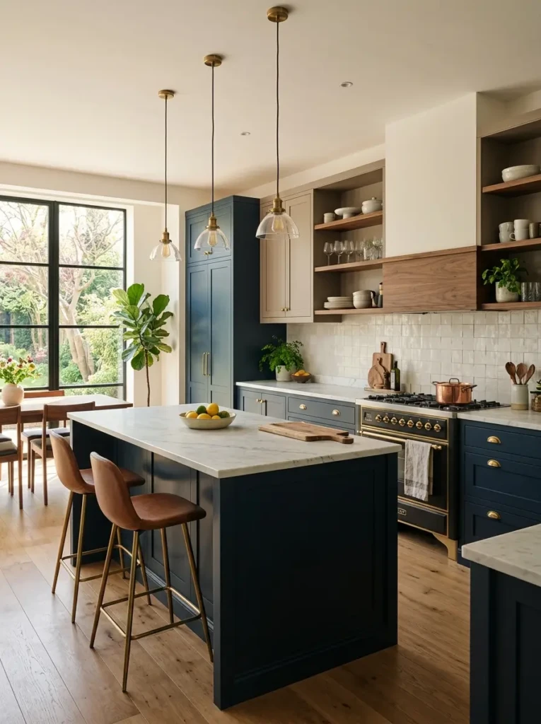 Modern kitchen showcasing contrasting cabinet colors and harmonious design details.