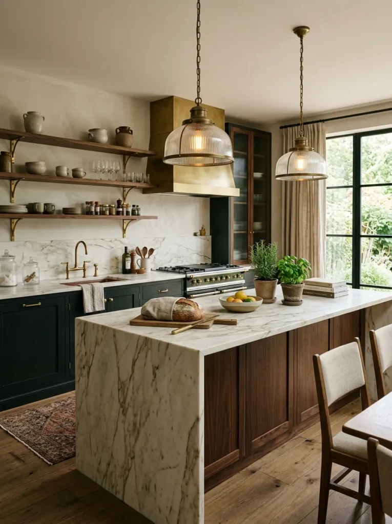 Brass, stone, linen, and glass accents creating cozy kitchen depth