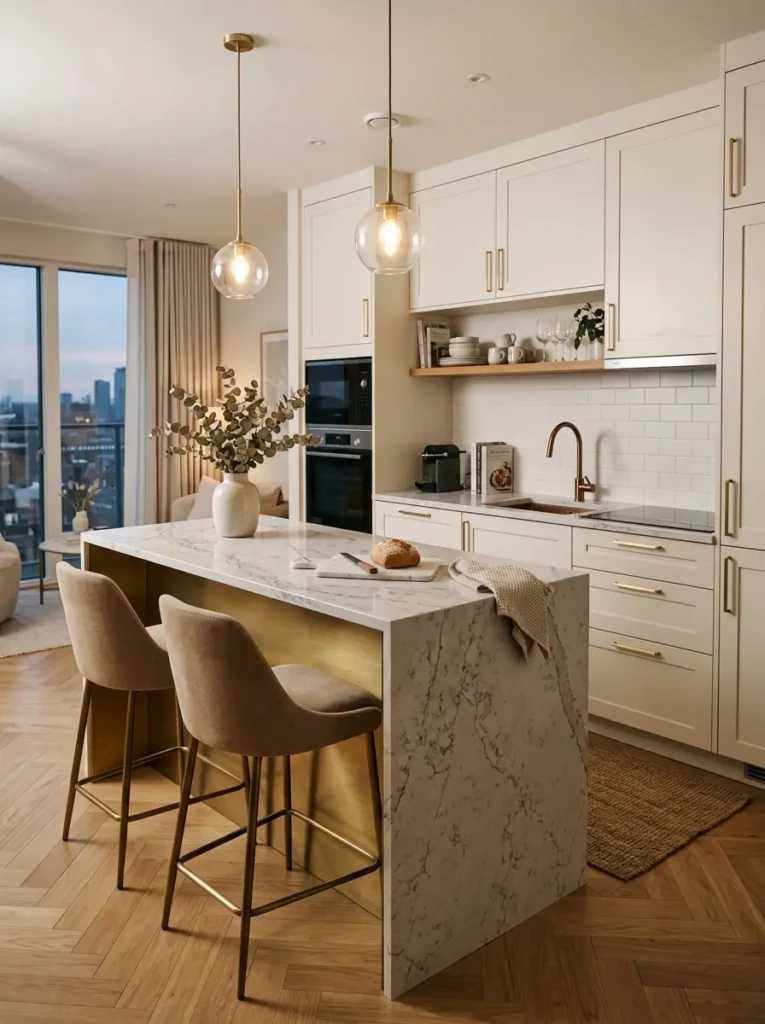Elegant small kitchen featuring a quartz marble-look island and warm metallic accents.